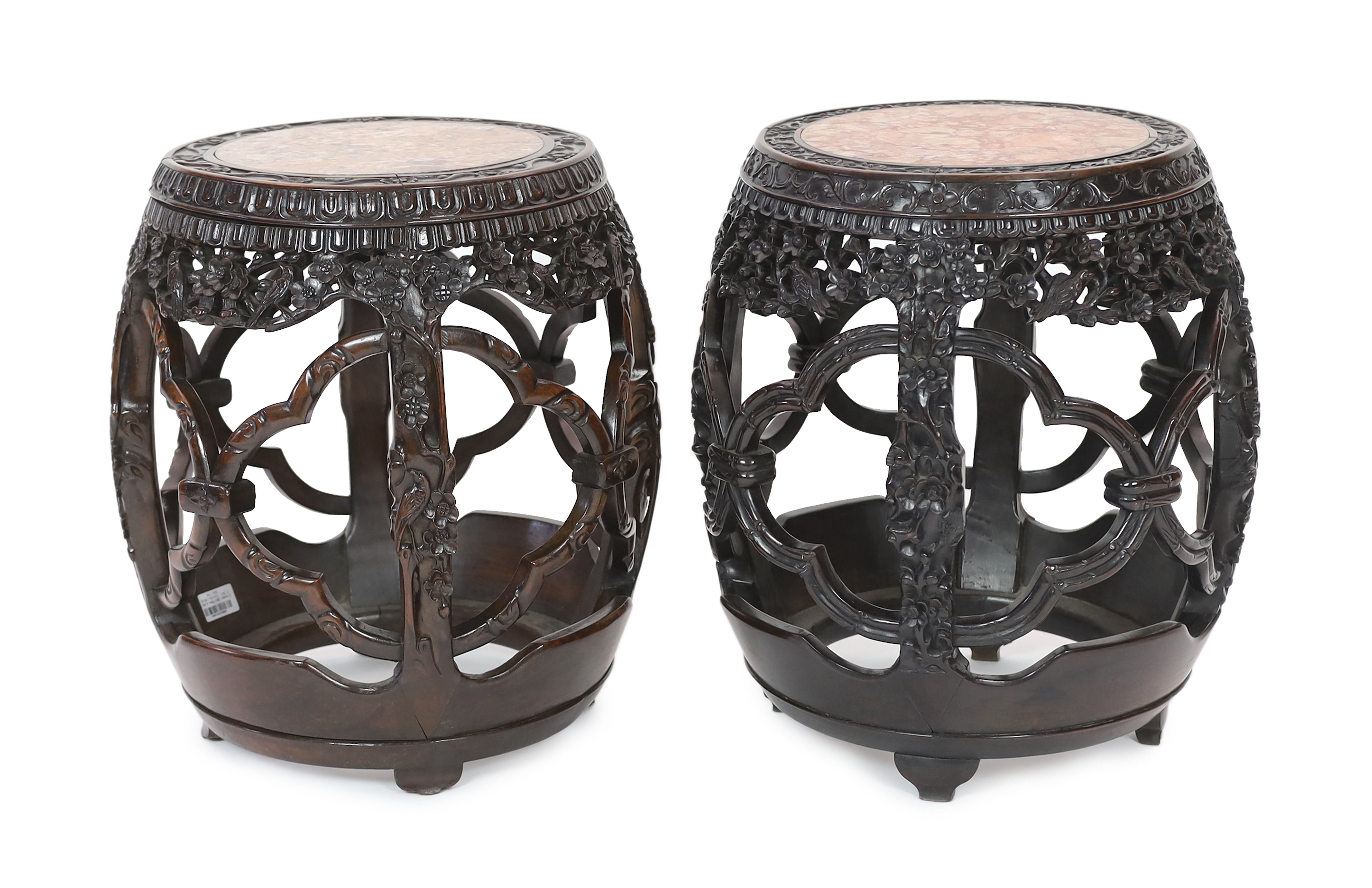 A near pair of Chinese hongmu and rouge marble inset stools, late 19th century